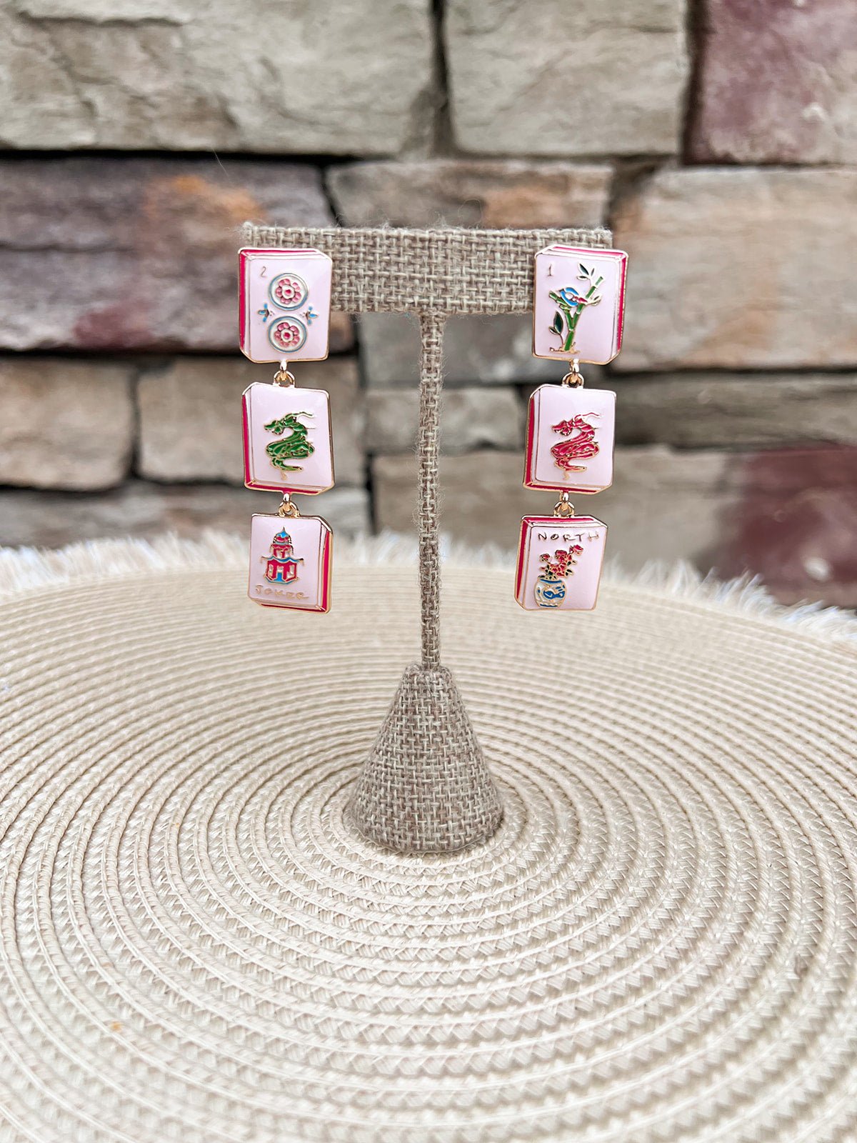 Blushing Tiles Linked Mahjong Earrings - The Pink Pineapple 850