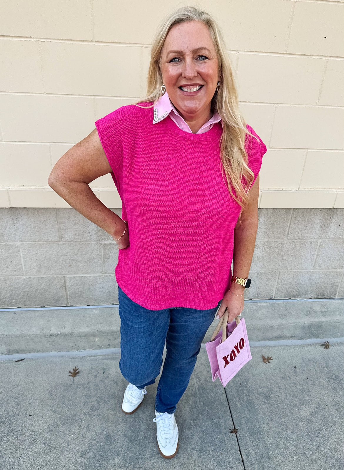 Bold Heart Drop Shoulder Knit Sweater in Hot Pink - The Pink Pineapple 850