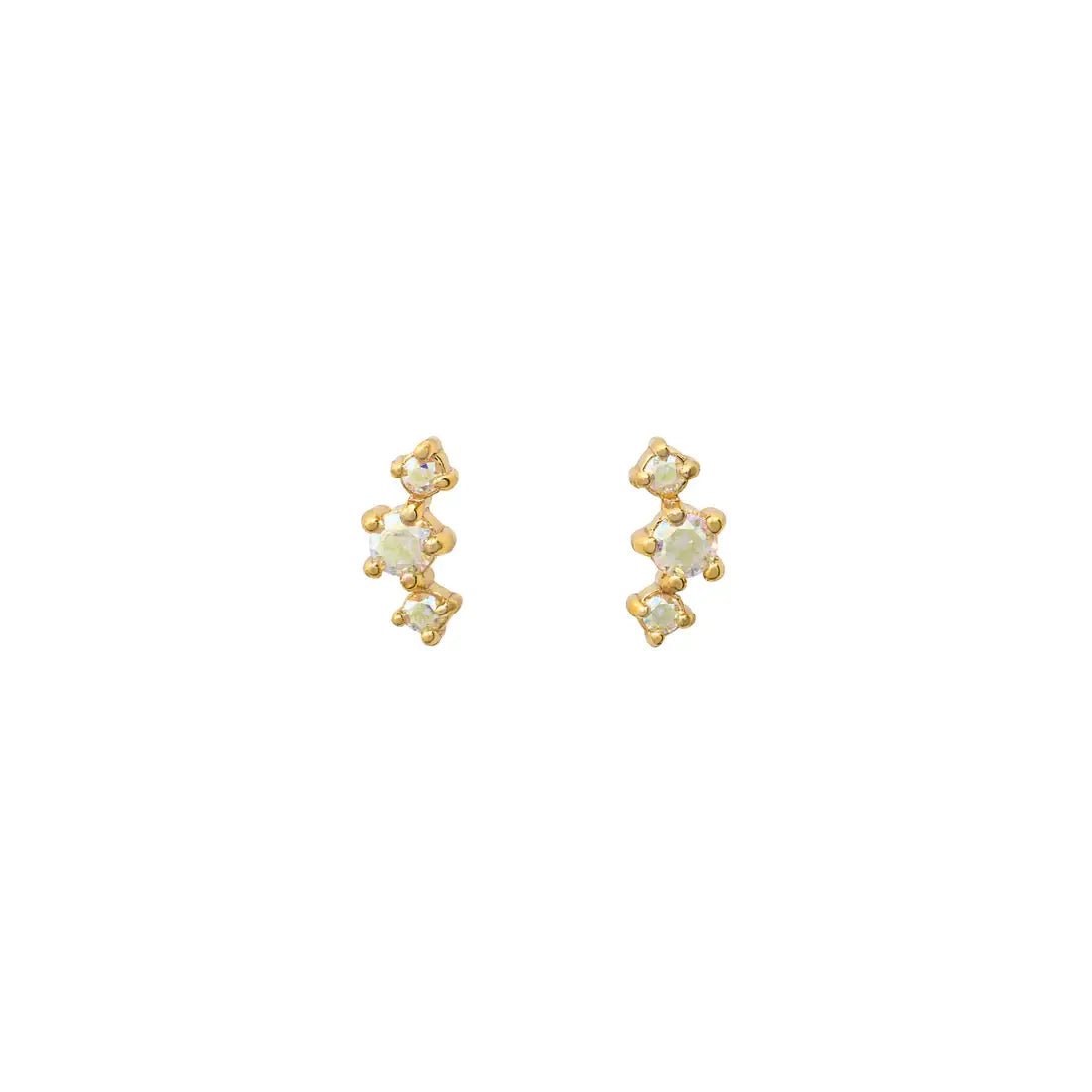 Petite gold stud earrings with three iridescent crystals