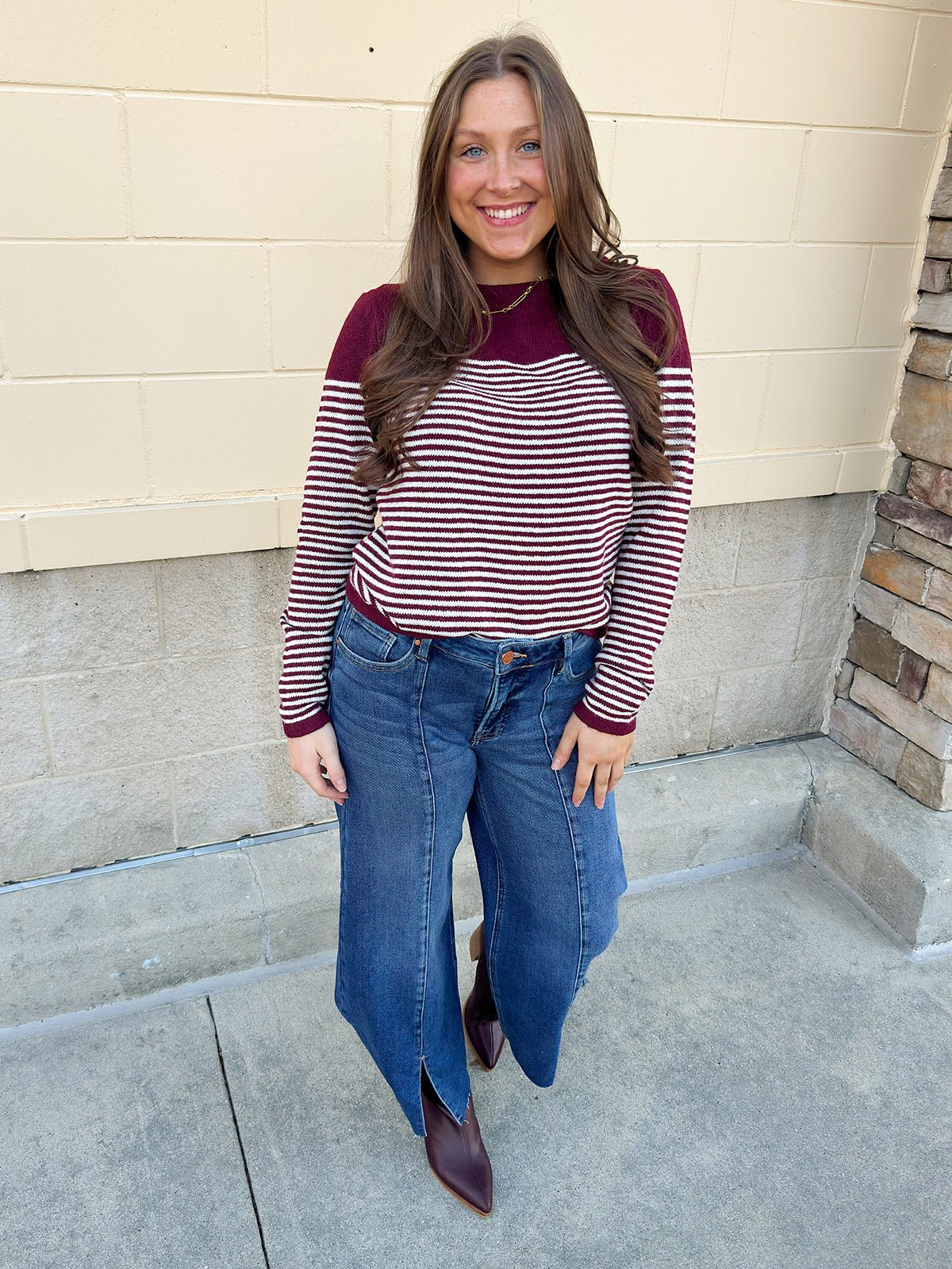 Burgundy Color - Block Striped Pullover - The Pink Pineapple 850