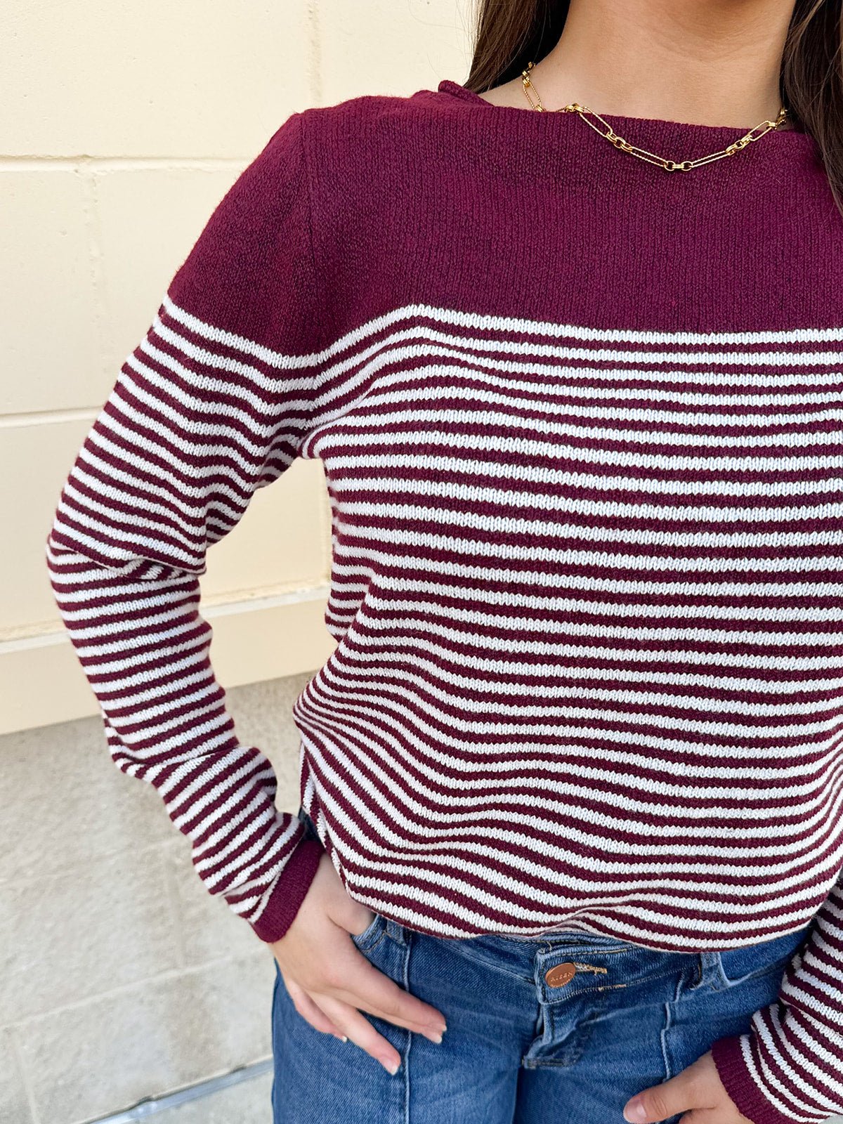 Burgundy Color - Block Striped Pullover - The Pink Pineapple 850