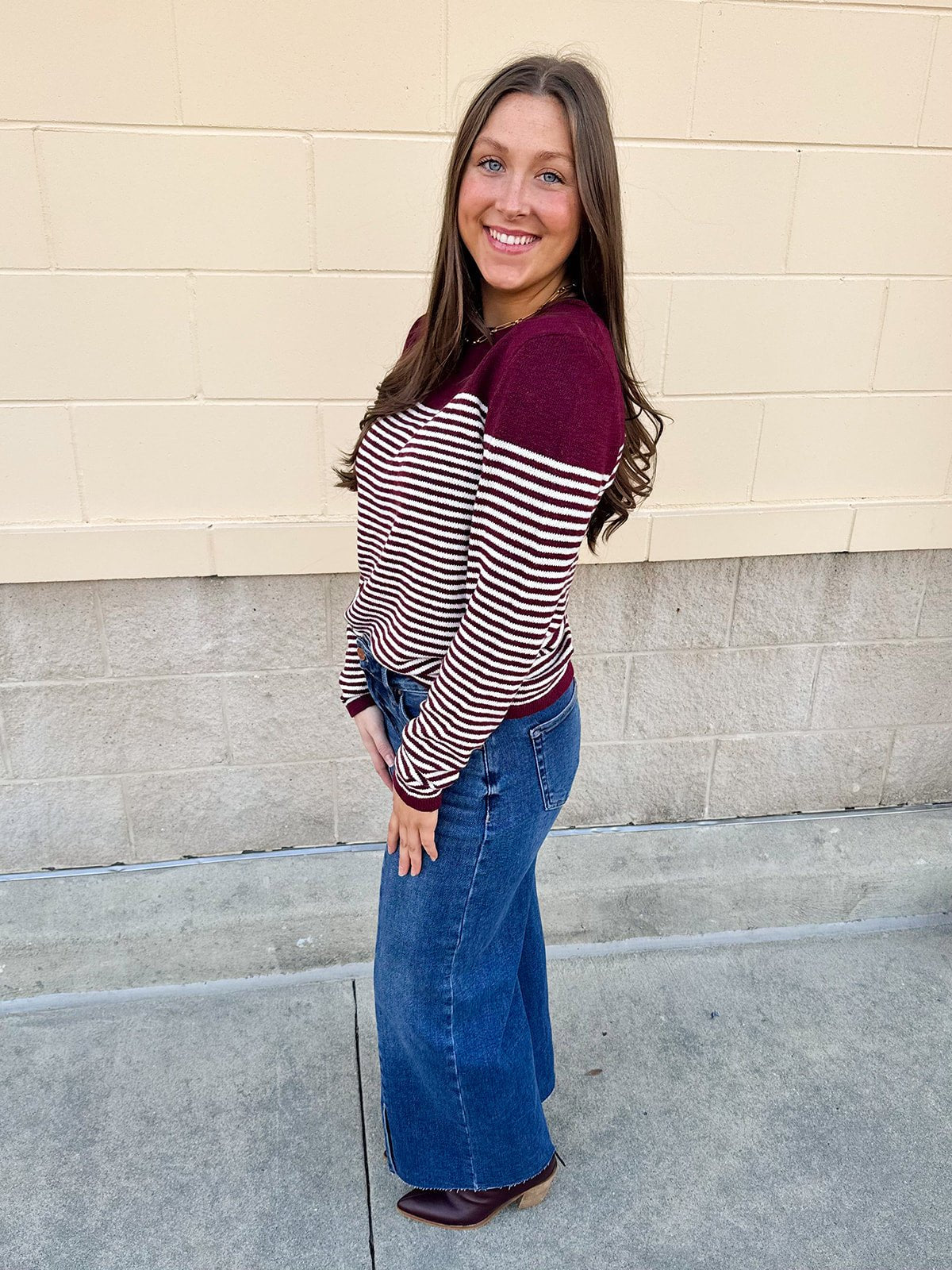 Burgundy Color - Block Striped Pullover - The Pink Pineapple 850