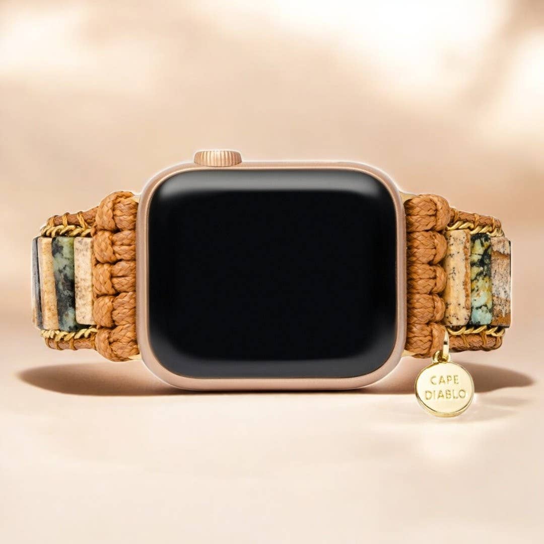 Apple Watch strap with Picture Jasper and African Turquoise stones, finished with stainless steel accents.