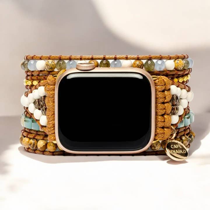 Apple Watch strap with ocean jasper stones, genuine leather band, and stainless steel accents.