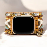 Apple Watch strap with ocean jasper stones, genuine leather band, and stainless steel accents.