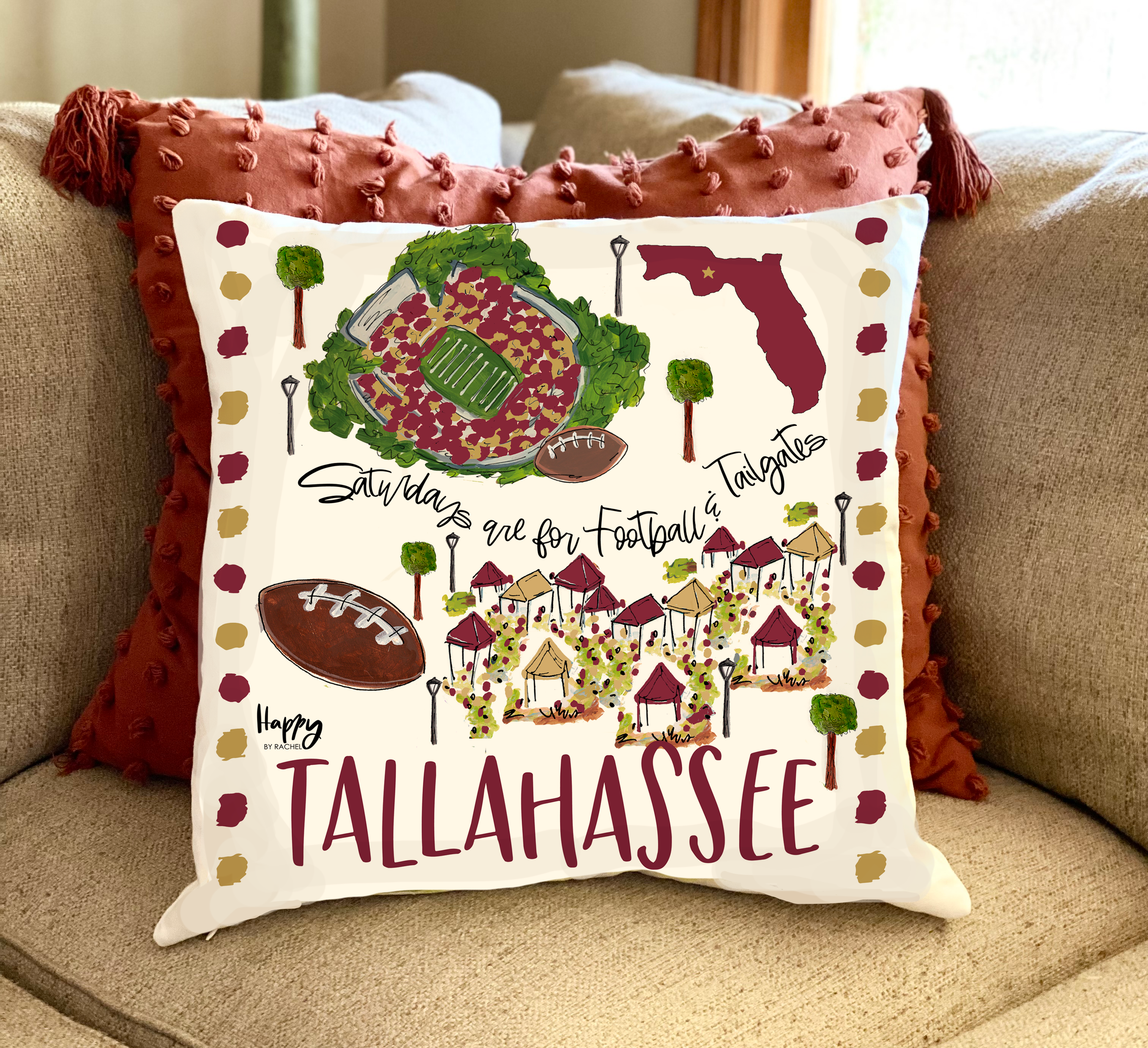 Tallahassee Traditions football pillow featuring Doak Campbell Stadium and custom collegiate artwork