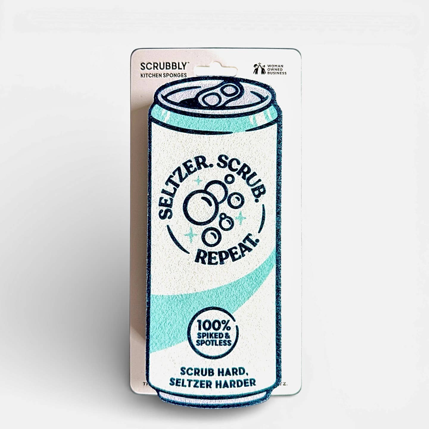 Light green seltzer can-shaped kitchen sponge with scour pad bottom