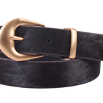 Chocolate brown calf hair belt with polished gold brass buckle.