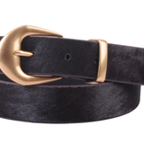 Chocolate brown calf hair belt with polished gold brass buckle.
