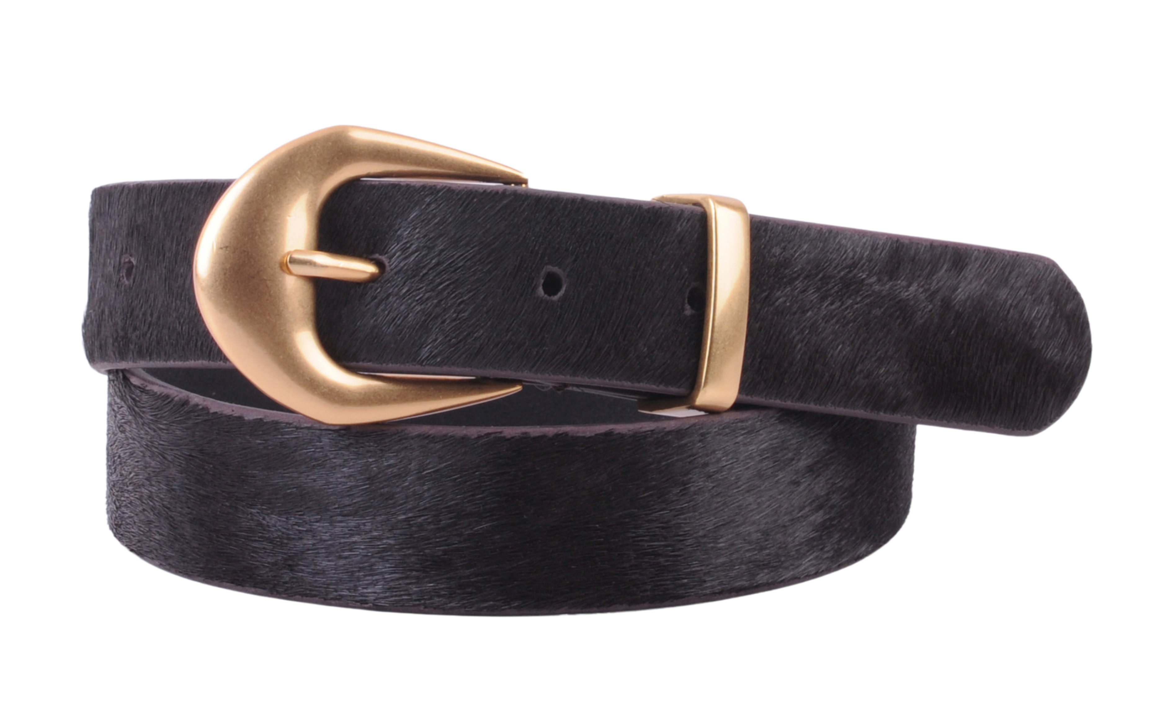 Chocolate brown calf hair belt with polished gold brass buckle.