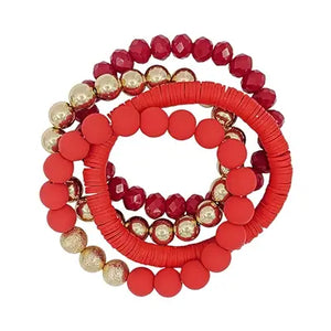 Red Rubber, Crystal, and Gold Set of 4 Stretch Bracelets