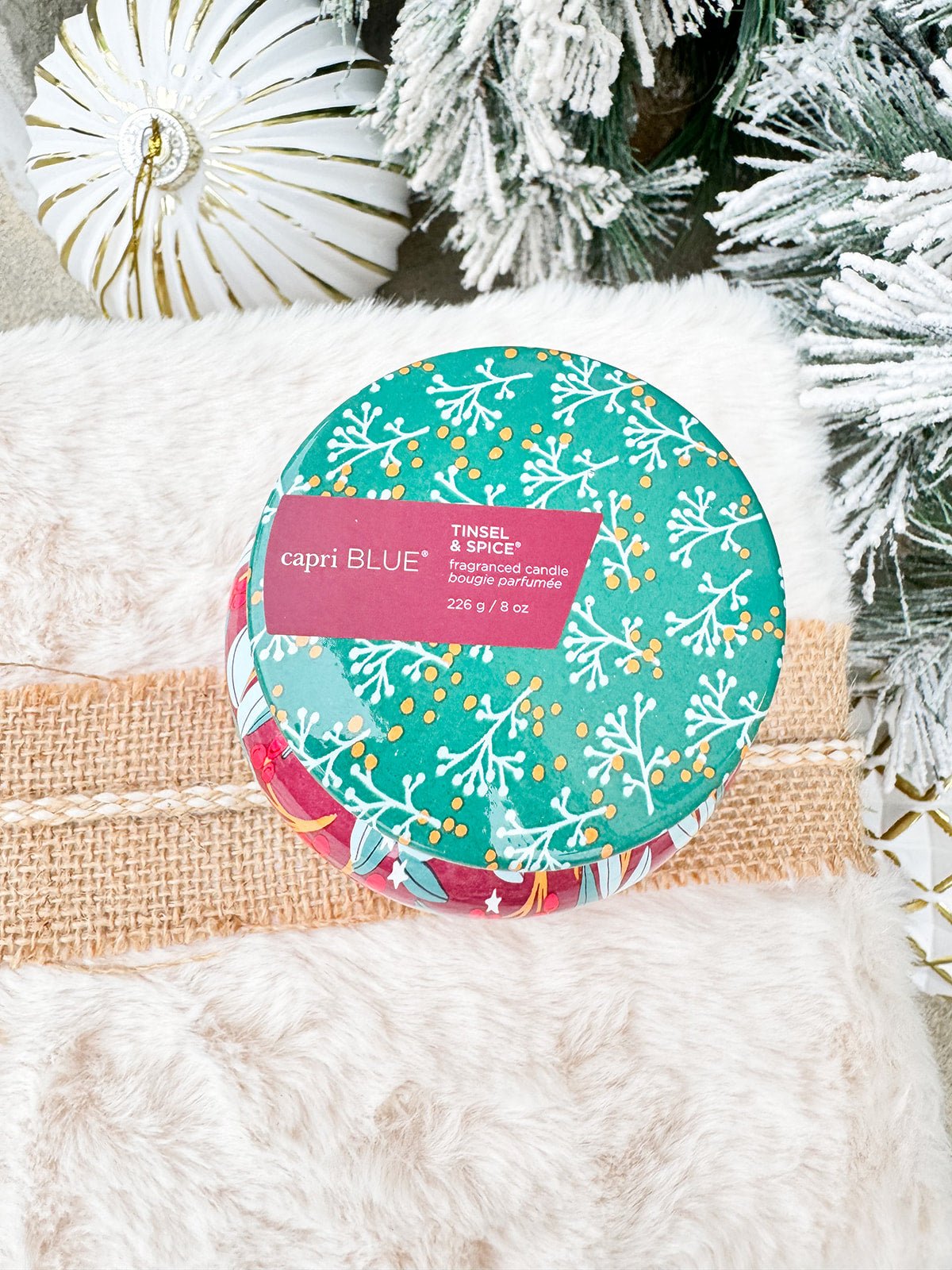Capri Blue Holiday Pattern Play Tinsel and Spice Candle Petite Jar 8oz - The Pink Pineapple 850