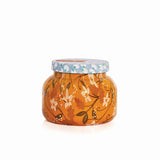 Capri Blue Holiday Pattern Play Pumpkin Dulce Candle 19oz with orange pumpkin leaf pattern and light blue lid.