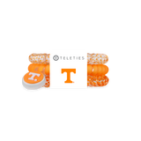 Pack of three Tennessee Volunteers TELETIES small spiral hair ties in orange and white featuring the Power T logo and striped designs.