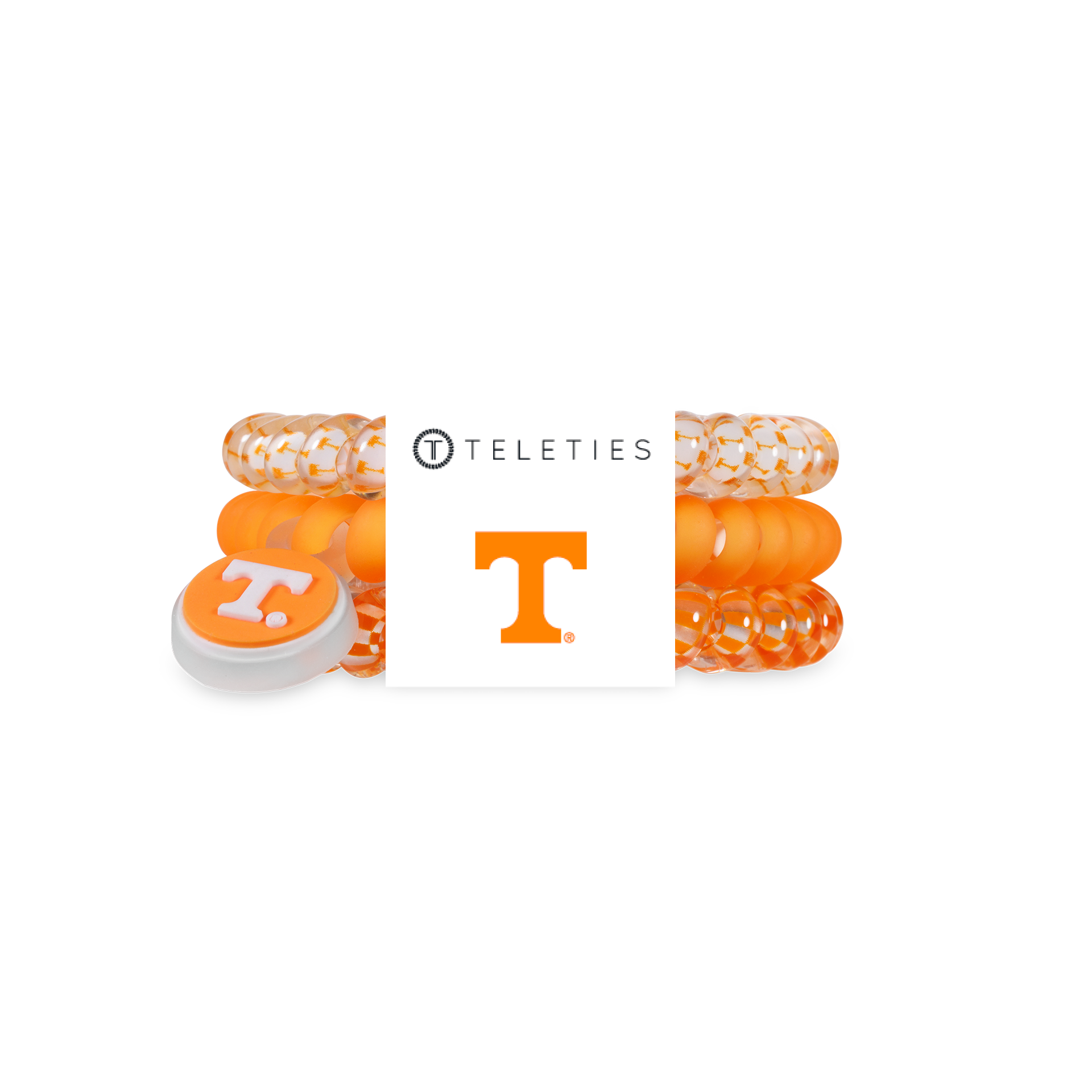 Pack of three Tennessee Volunteers TELETIES small spiral hair ties in orange and white featuring the Power T logo and striped designs.