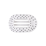 White medium flat round hair clip with a black polka dot pattern.