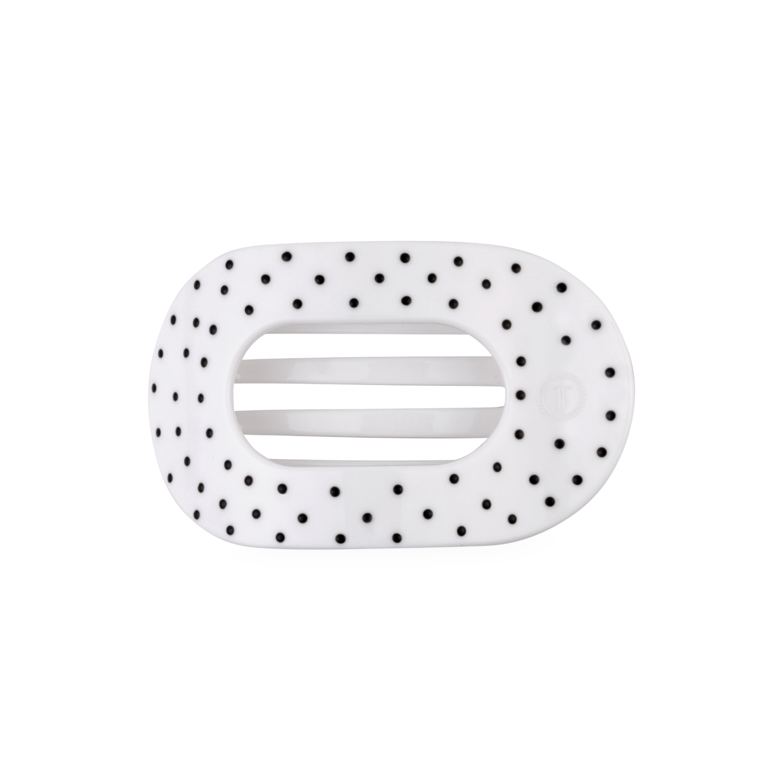 White medium flat round hair clip with a black polka dot pattern.