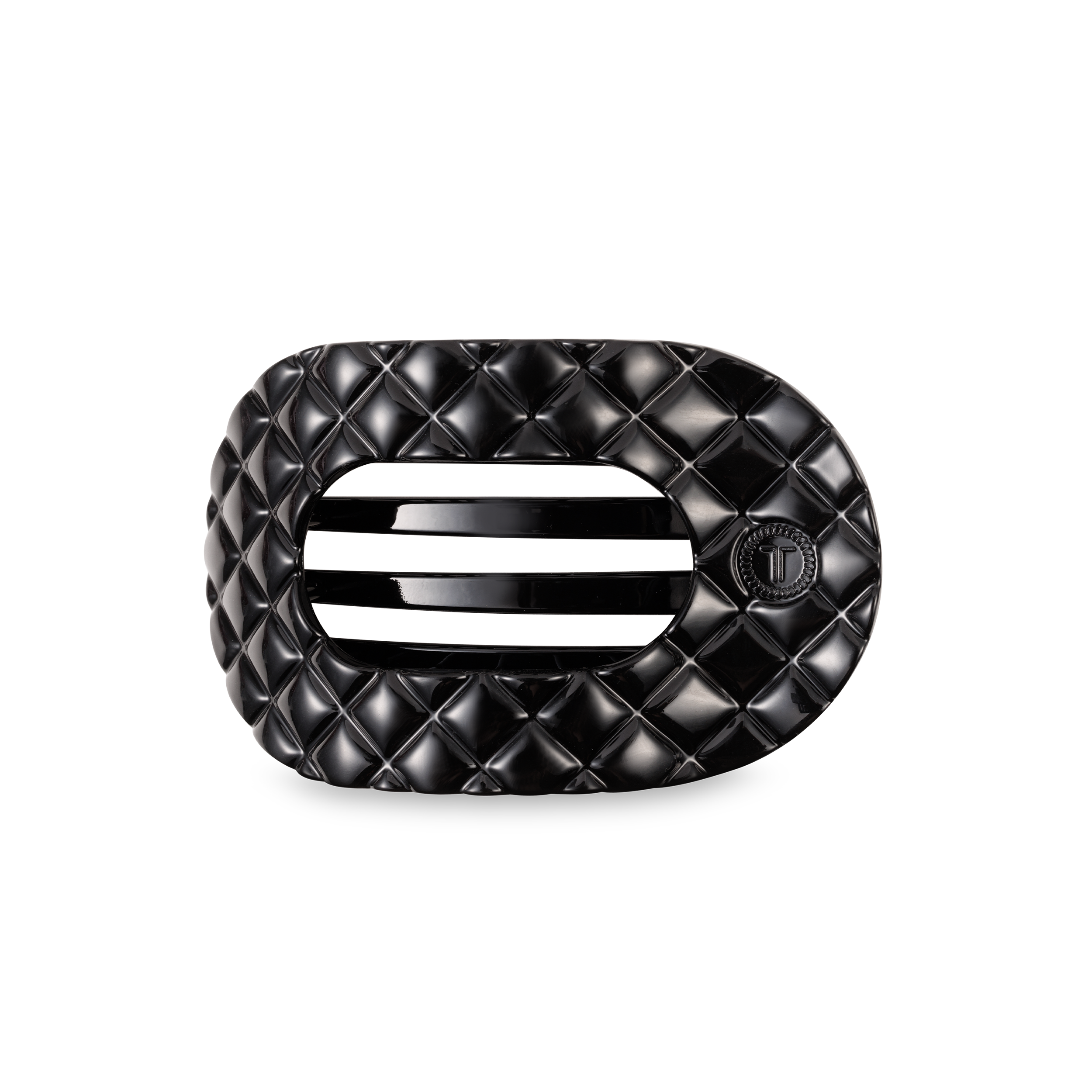 TELETIES medium flat round hair clip in jet black quilted design.