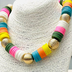 Multicolor vinyl disk statement necklace with gold brass bead accents