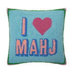 Blue hooked accent pillow with green border and “I love mahj” wording
