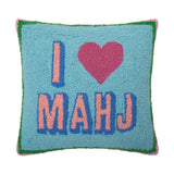 Blue hooked accent pillow with green border and “I love mahj” wording