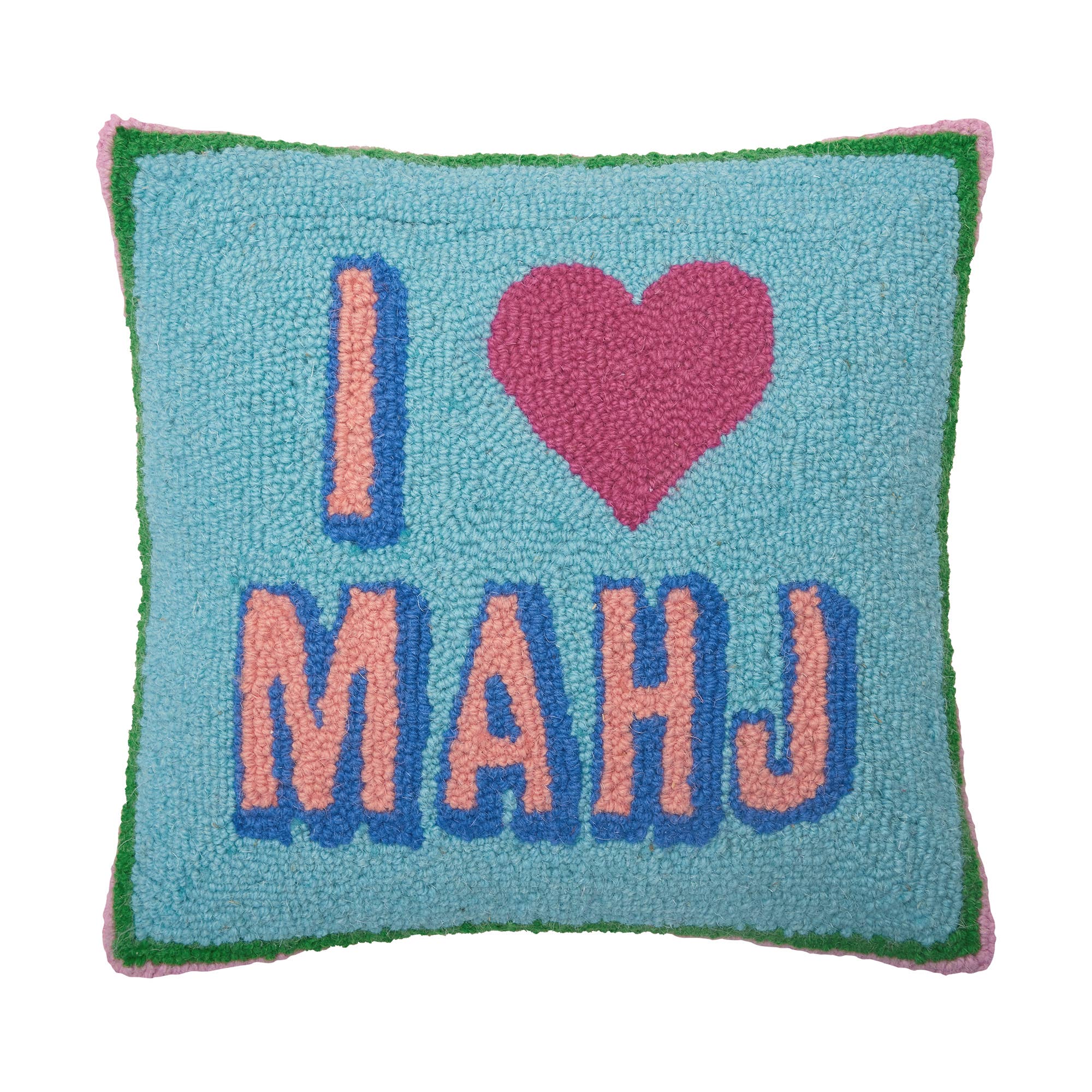 Blue hooked accent pillow with green border and “I love mahj” wording