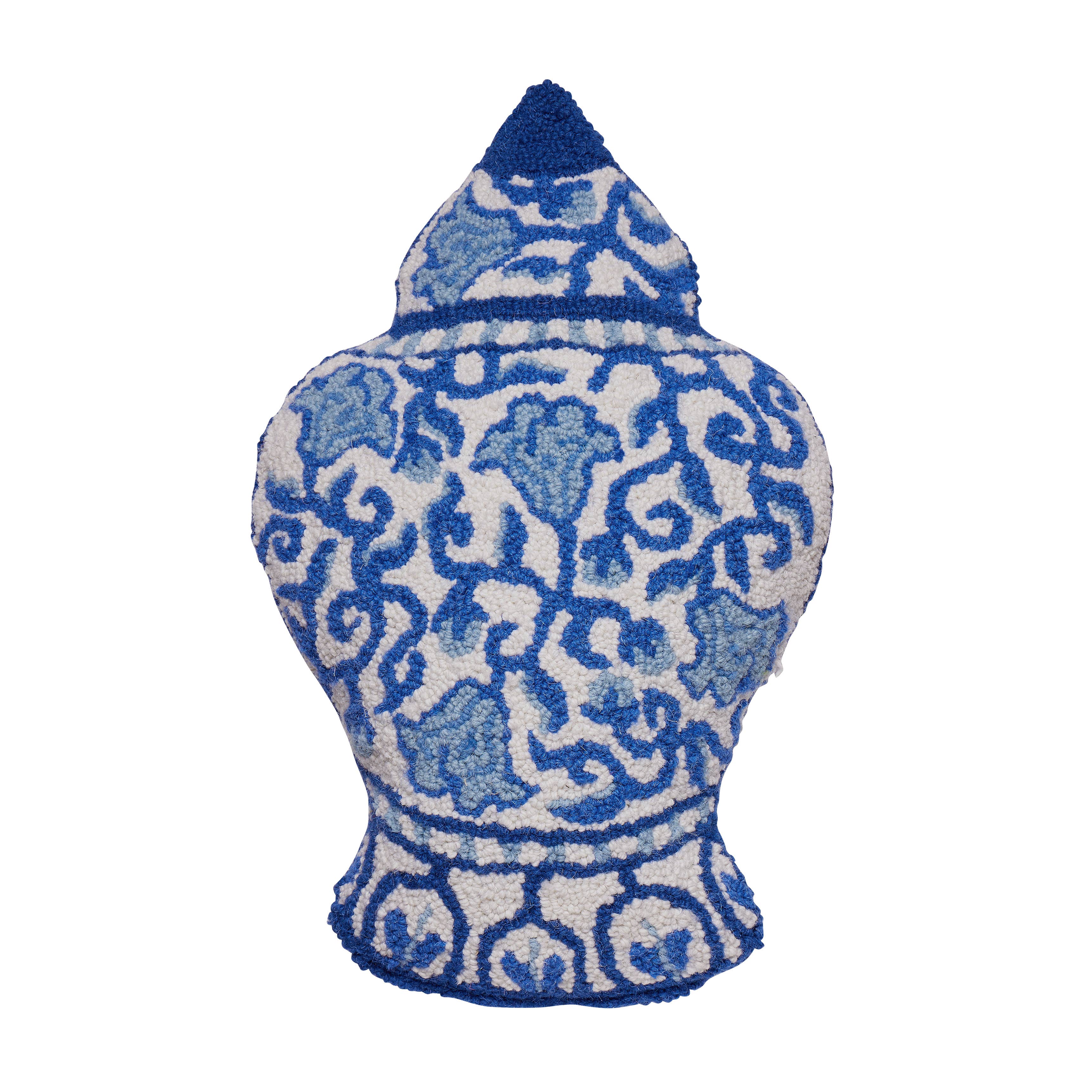Blue and white chinoiserie vase shaped hooked accent pillow