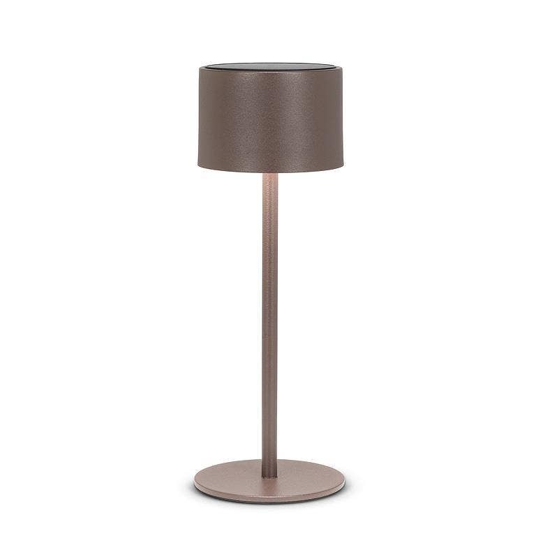Charcoal brown metal cordless solar-powered LED outdoor table lamp with a modern design and warm dimmable light.