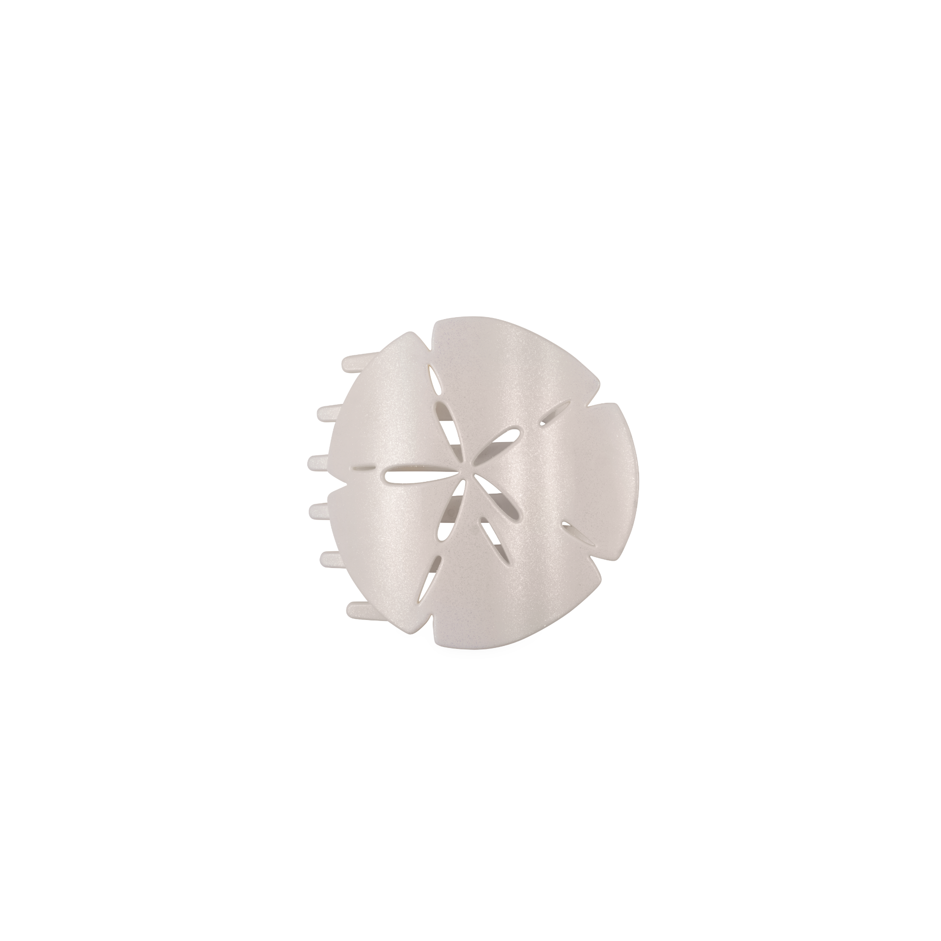Small sand dollar shaped flat hair clip with a shimmering finish and flat-back comfort design.