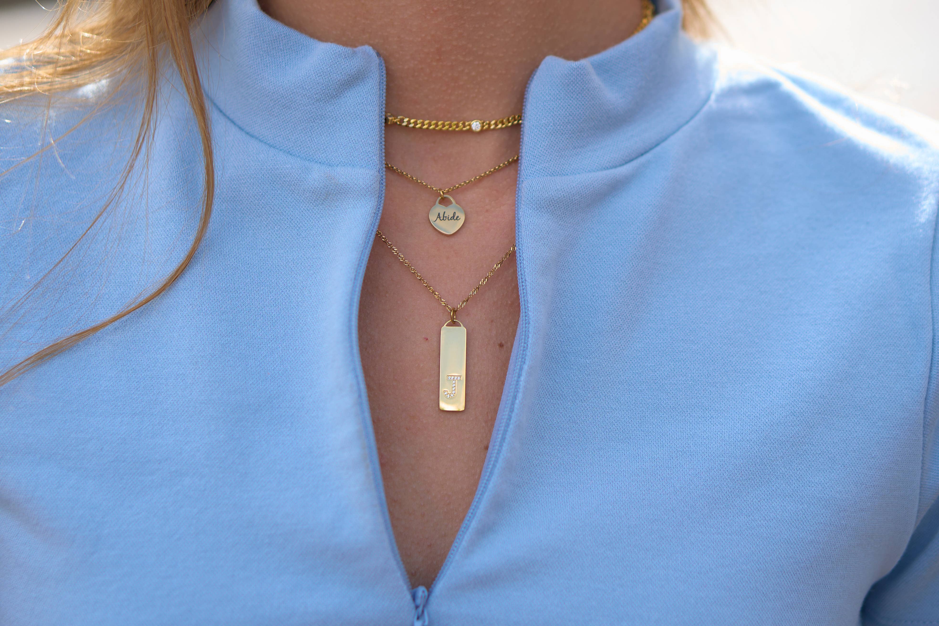 18K gold CZ initial bar pendant necklace with twisted chain