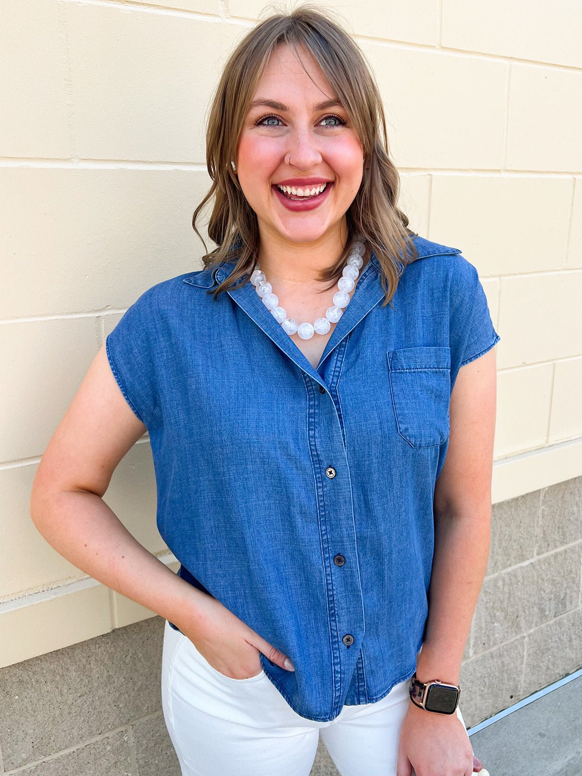 Chambray Classic Button Down Top - The Pink Pineapple 850