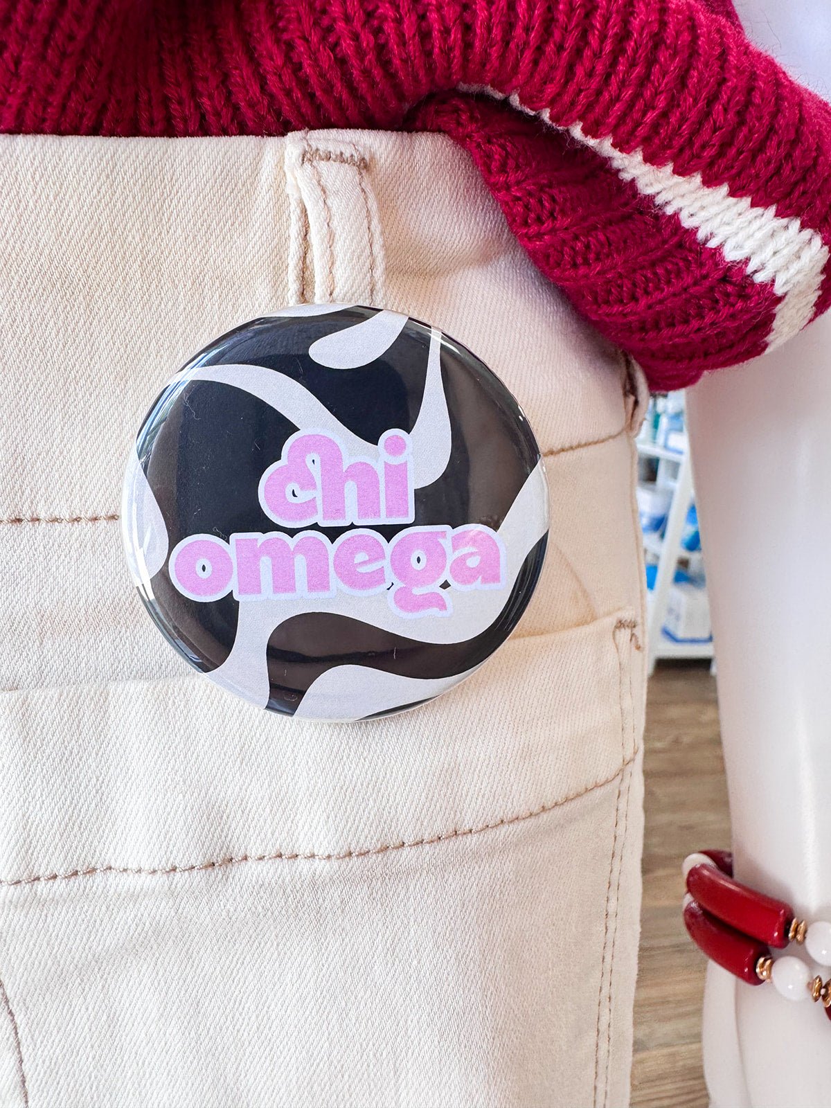 Chi Omega Black and White Wave Button Pin - The Pink Pineapple 850