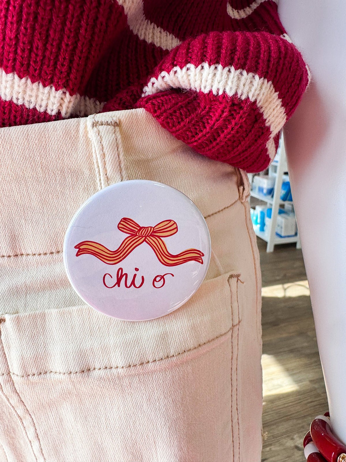 Chi Omega Bow Button Pin - The Pink Pineapple 850