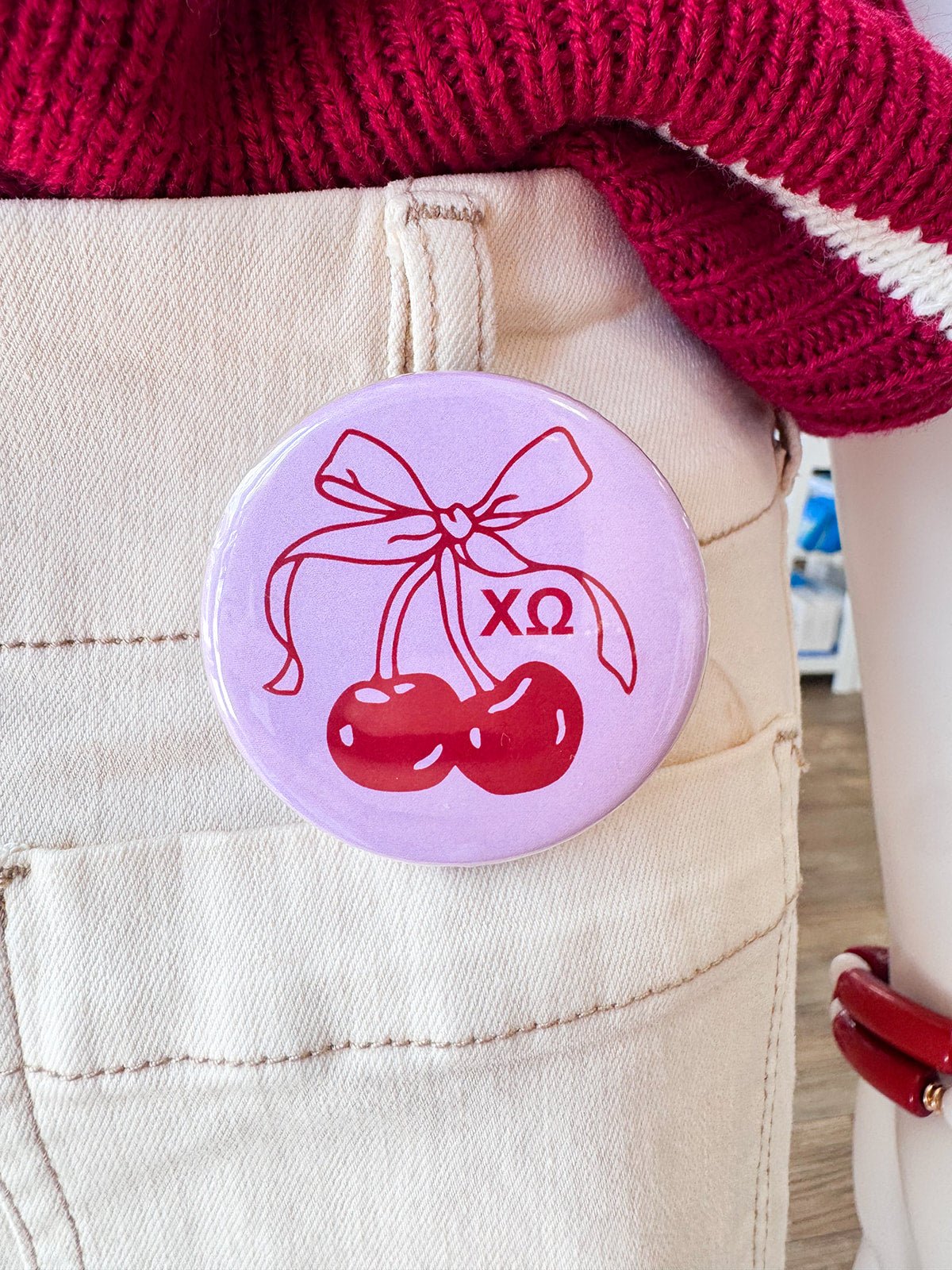Chi Omega Cherry Button Pin - The Pink Pineapple 850