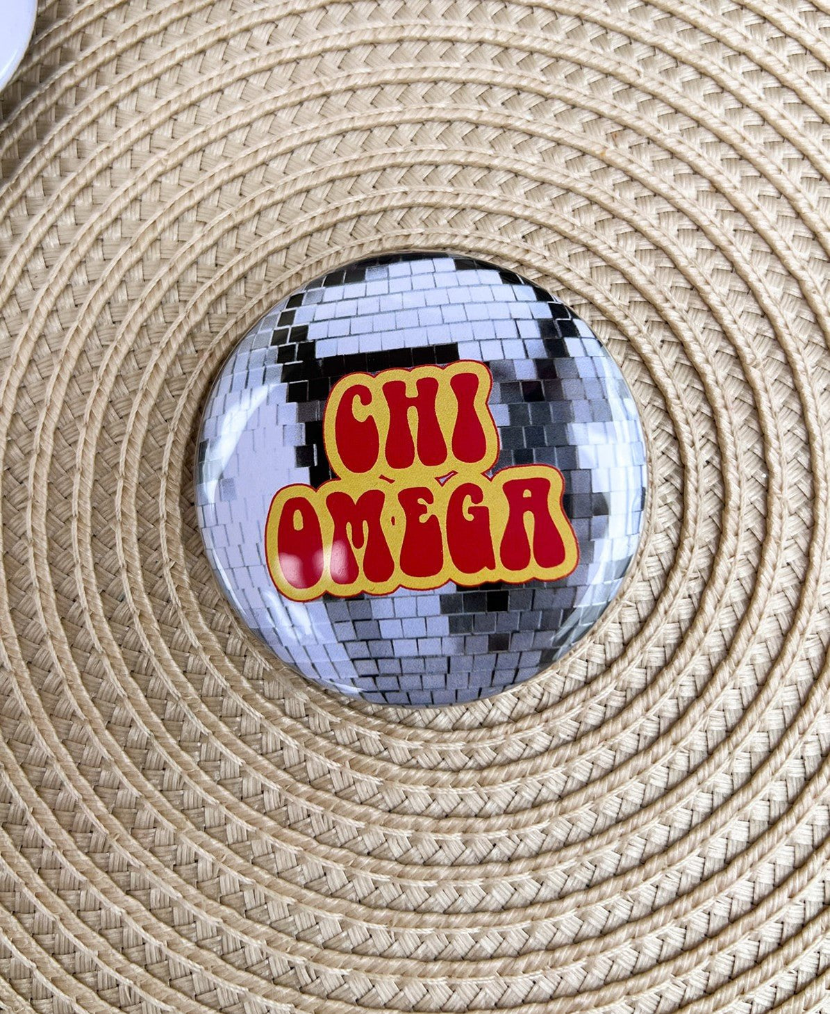 Chi Omega Disco Button Pin - The Pink Pineapple 850