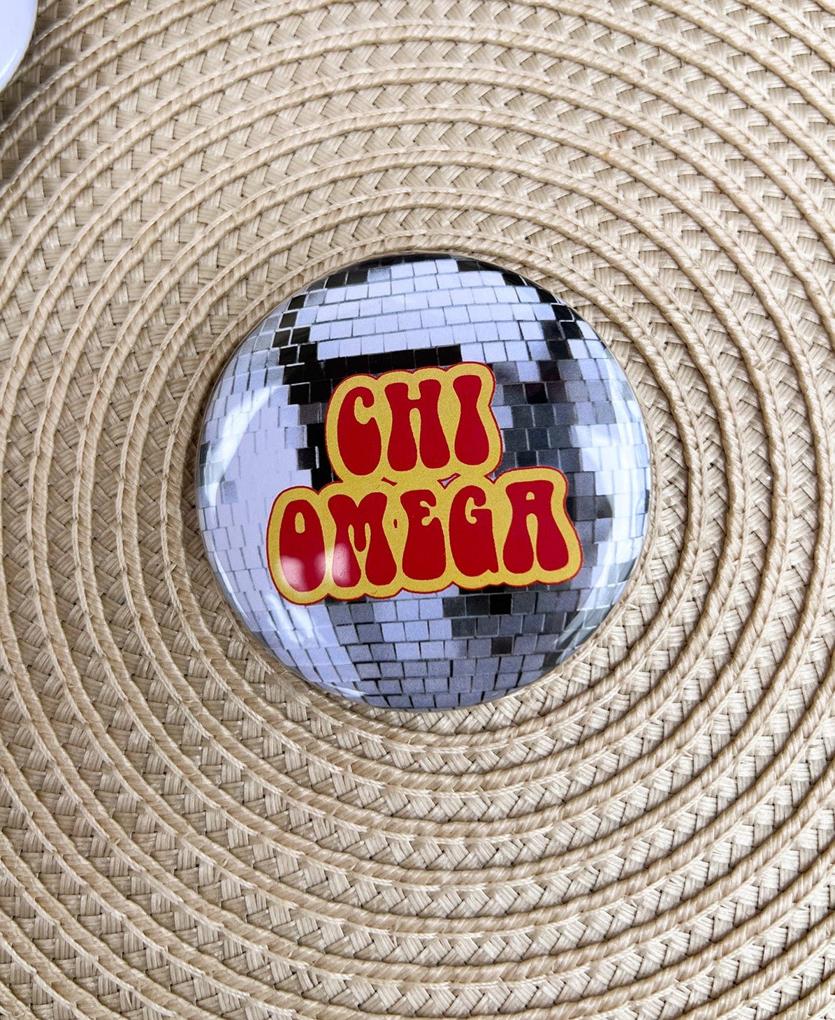 Chi Omega Disco Button Pin - The Pink Pineapple 850