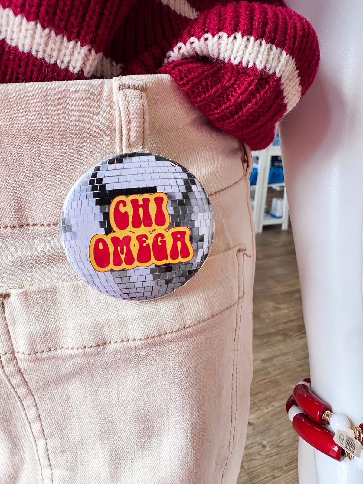 Chi Omega Disco Button Pin - The Pink Pineapple 850