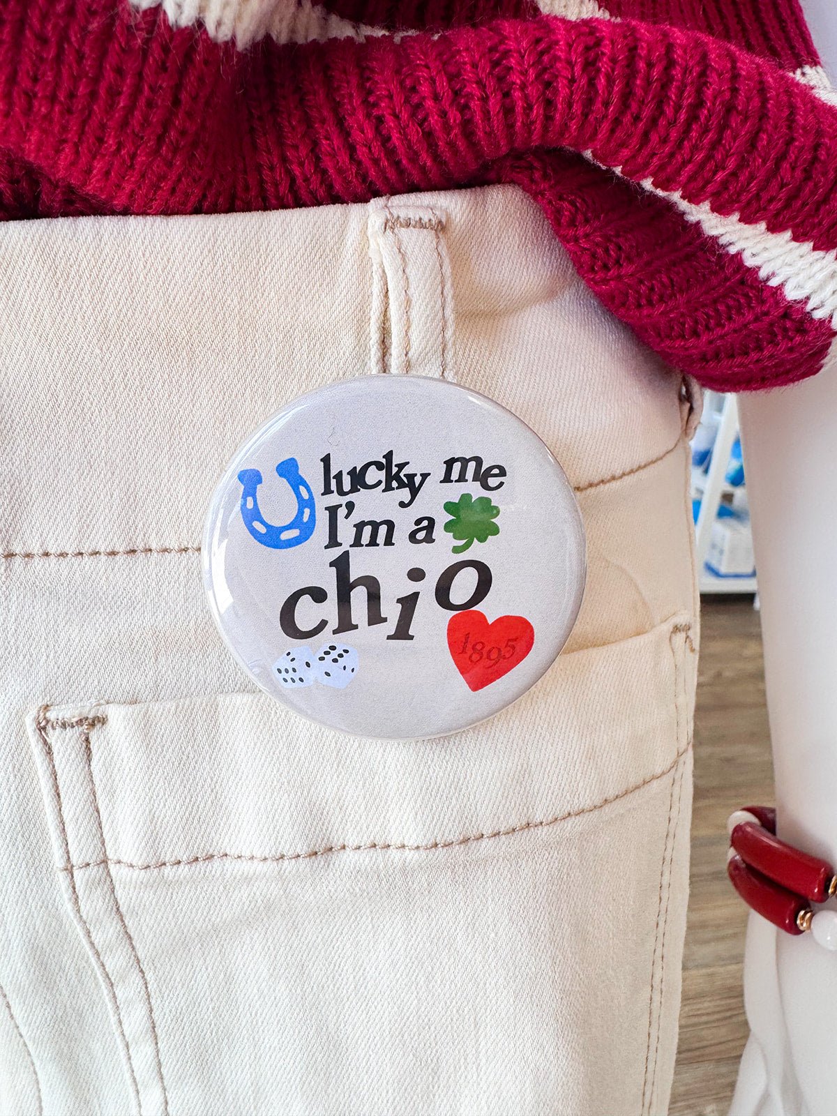 Chi Omega Lucky Me I'm a Chi O Button Pin - The Pink Pineapple 850