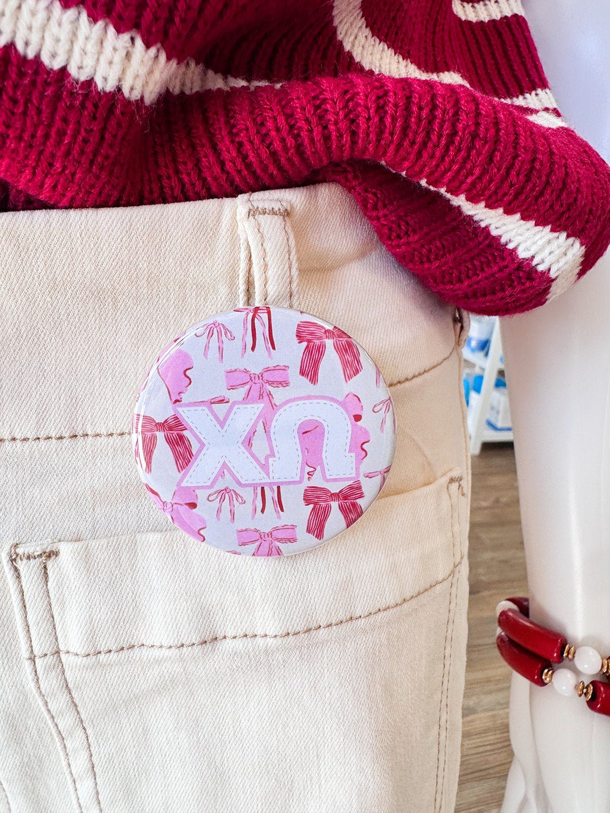 Chi Omega Pink Bow Button Pin - The Pink Pineapple 850