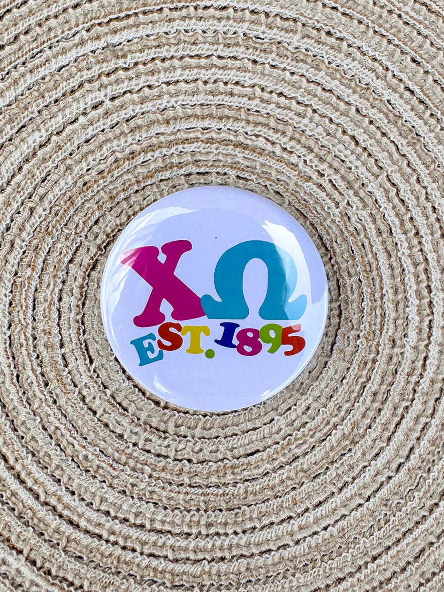 Chi Omega Rainbow Bubble Letters Button Pin - The Pink Pineapple 850