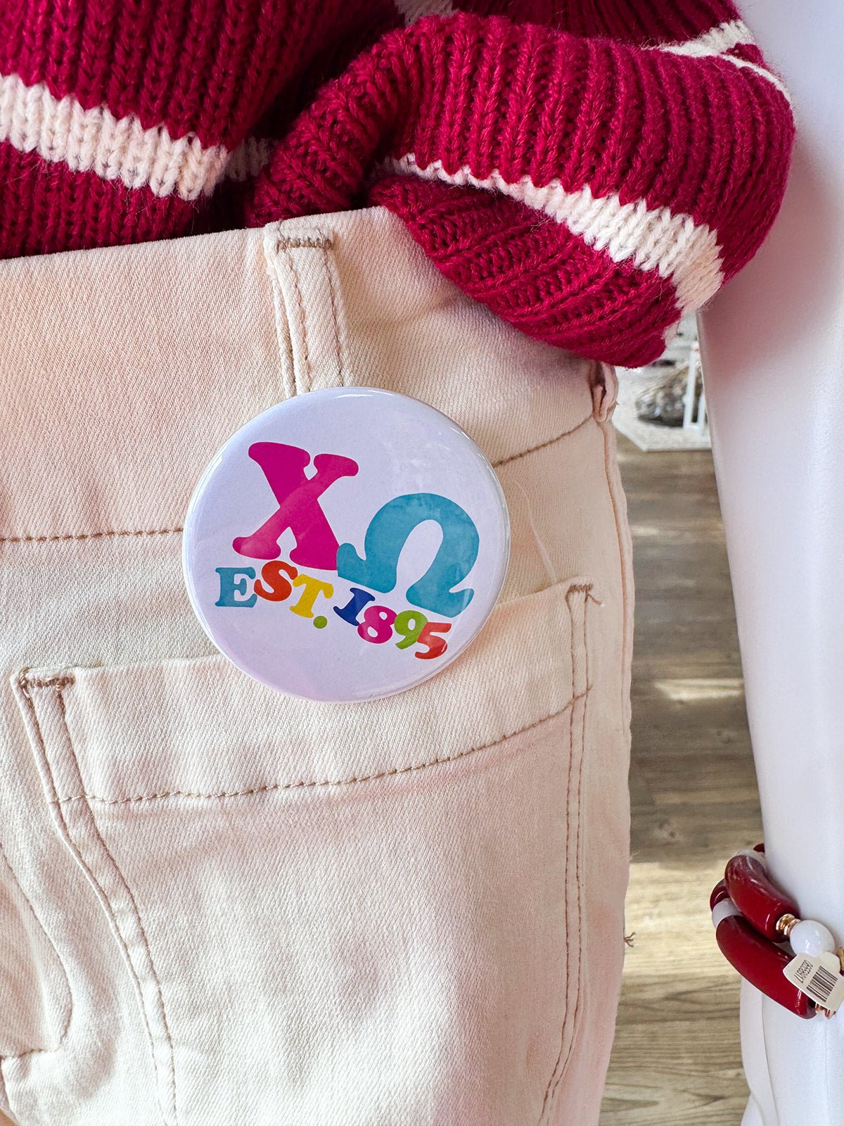 Chi Omega Rainbow Bubble Letters Button Pin - The Pink Pineapple 850