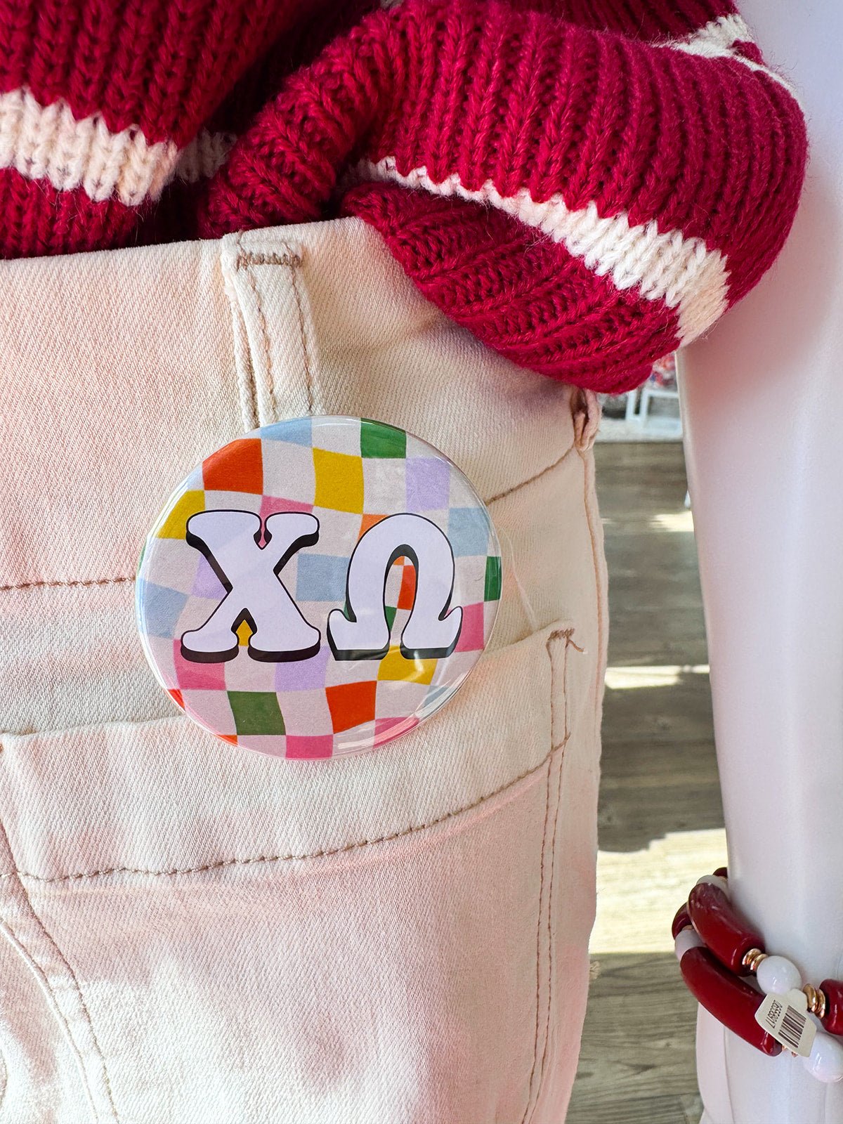 Chi Omega Rainbow Checkered Button Pin - The Pink Pineapple 850