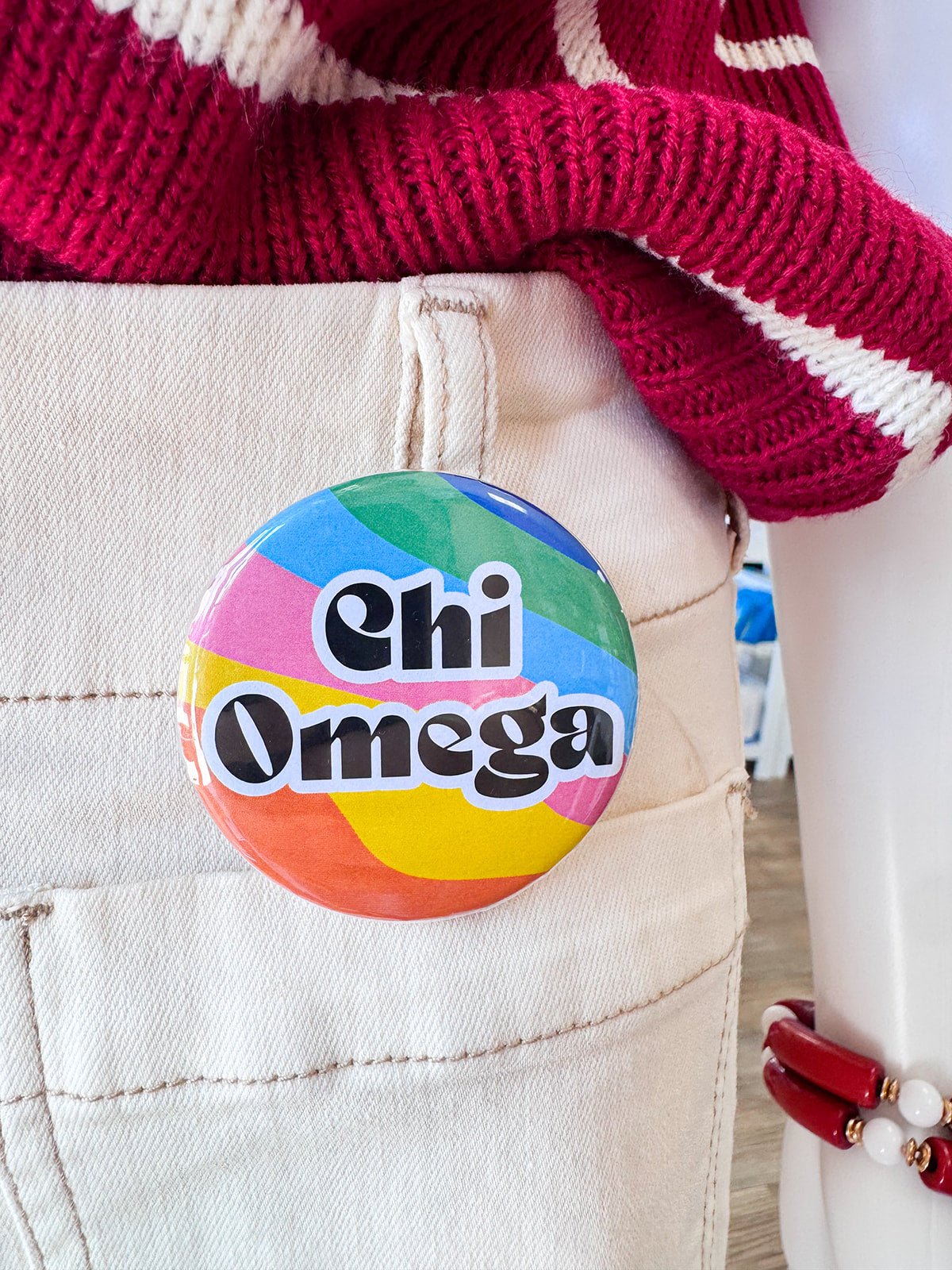 Chi Omega Rainbow Waves Button Pin - The Pink Pineapple 850