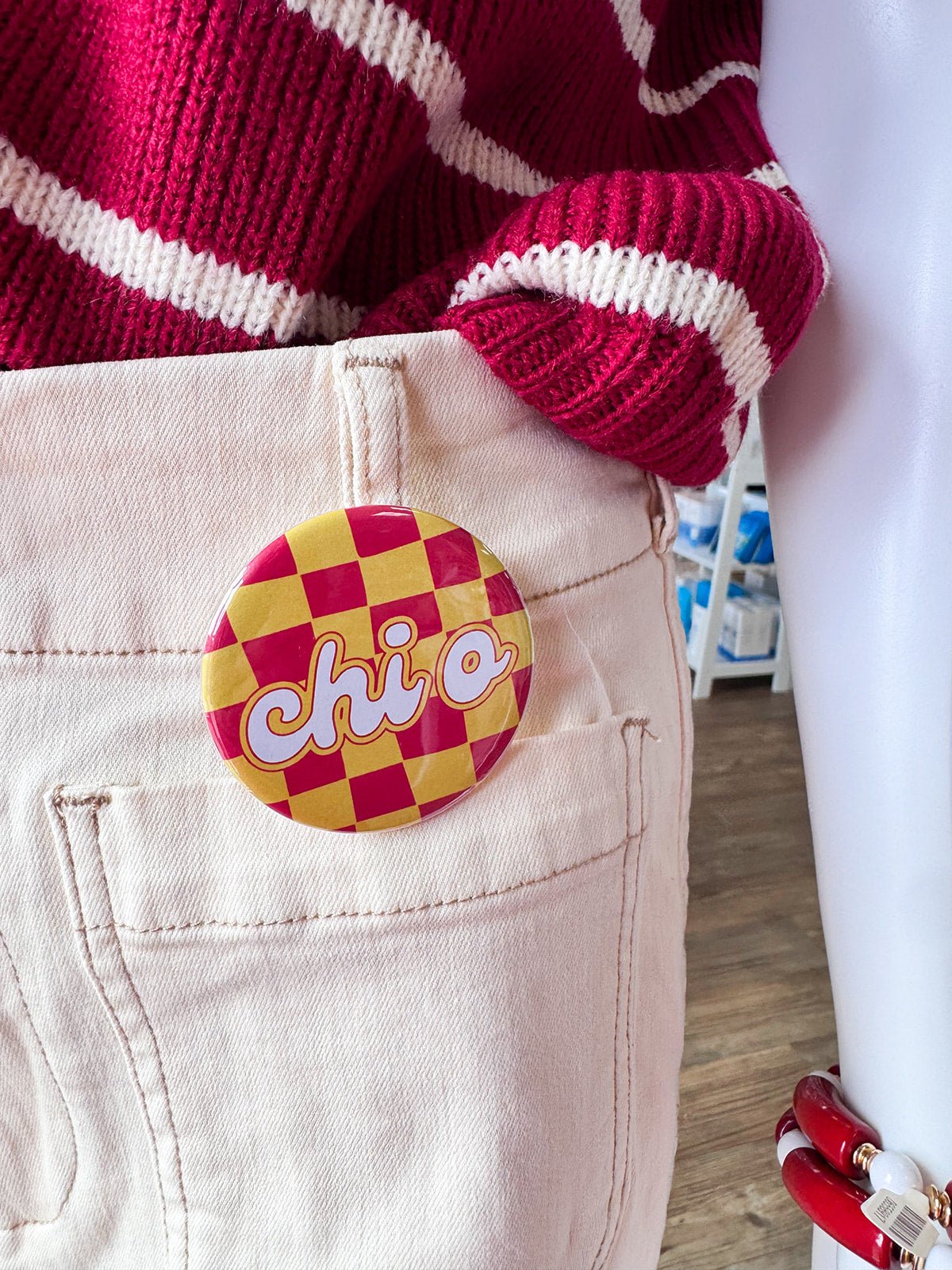 Chi Omega Red and Yellow Checkered Button Pin - The Pink Pineapple 850