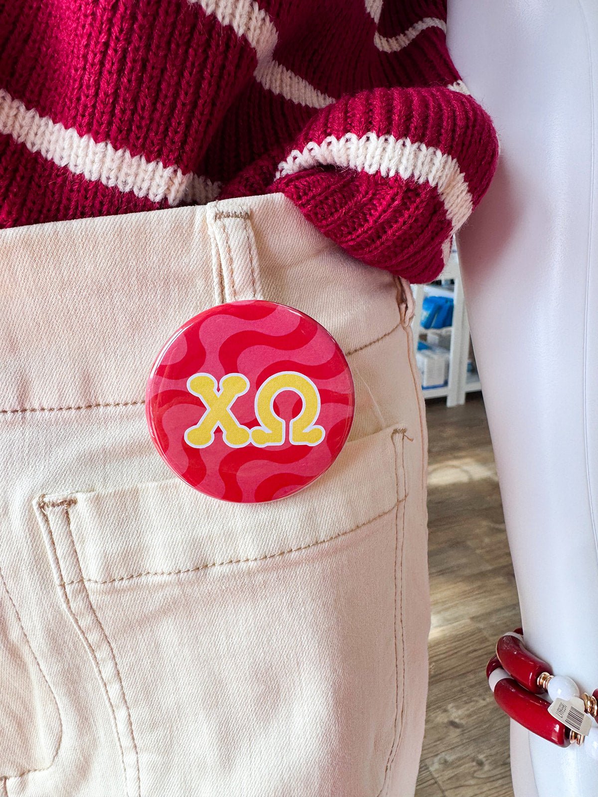 Chi Omega Red Waves Button Pin - The Pink Pineapple 850