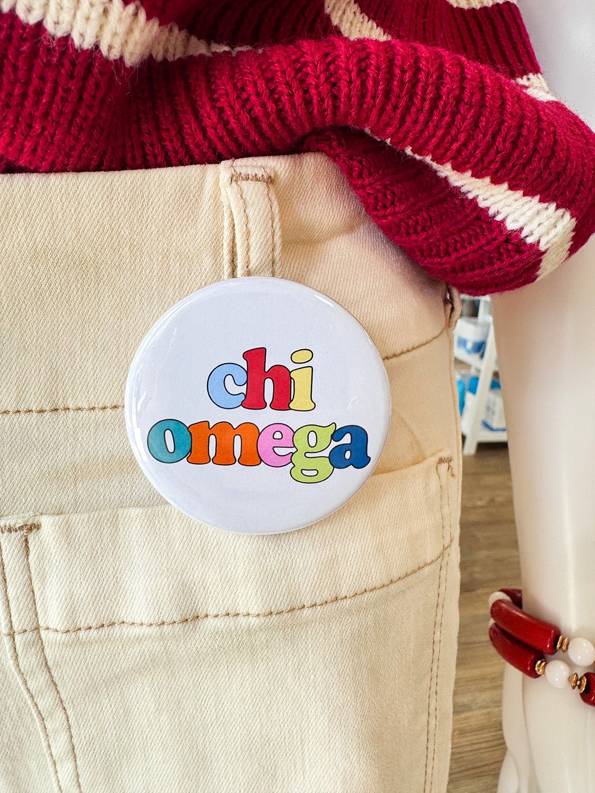 Chi Omega Retro Rainbow Button Pin - The Pink Pineapple 850