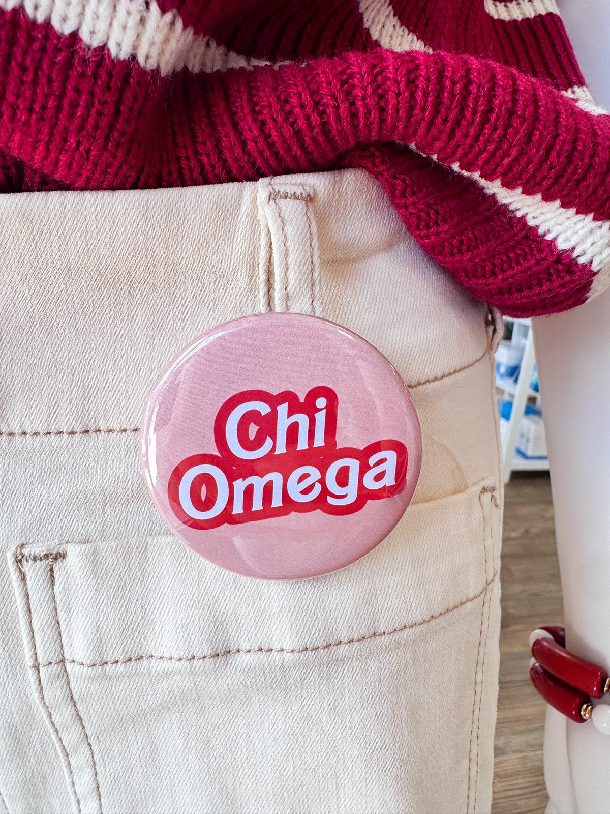 Chi Omega Statement Letter Button Pin - The Pink Pineapple 850