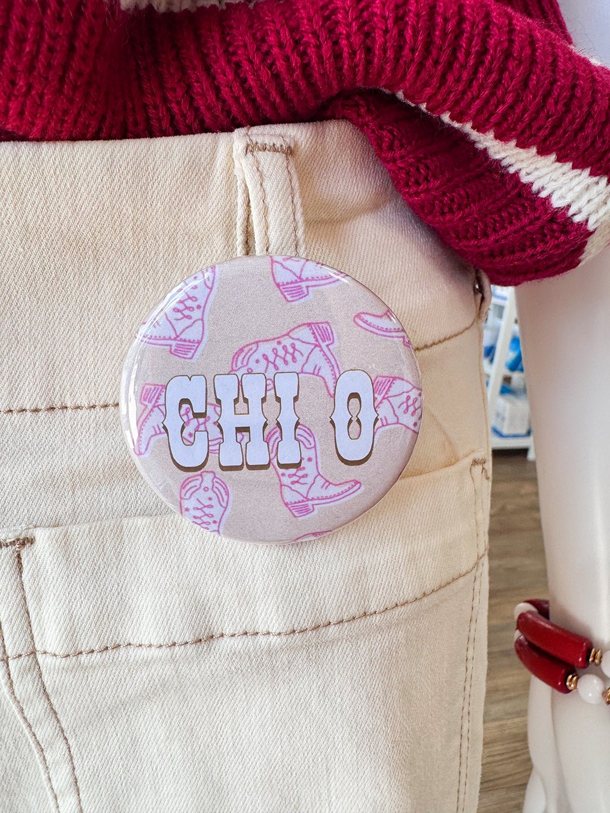 Chi Omega Western Boots Button Pin - The Pink Pineapple 850