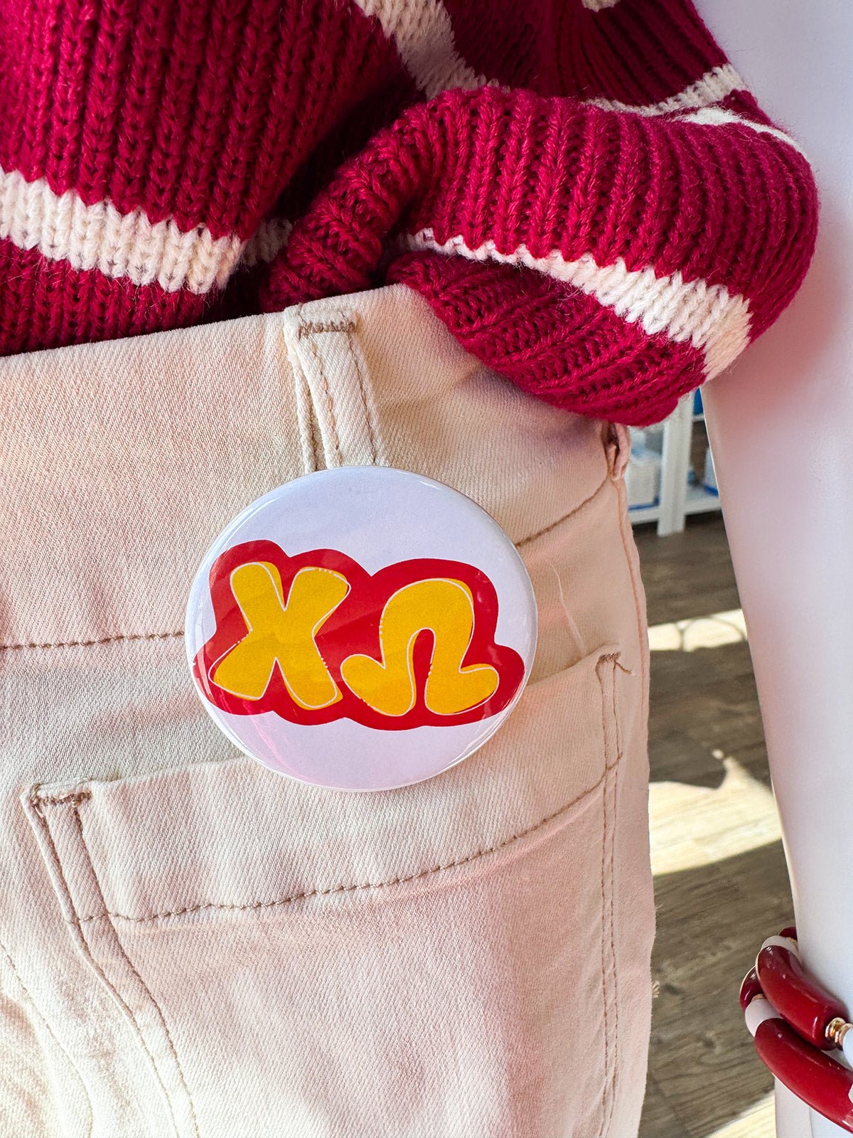 Chi Omega Yellow Bubble Letters Button Pin - The Pink Pineapple 850
