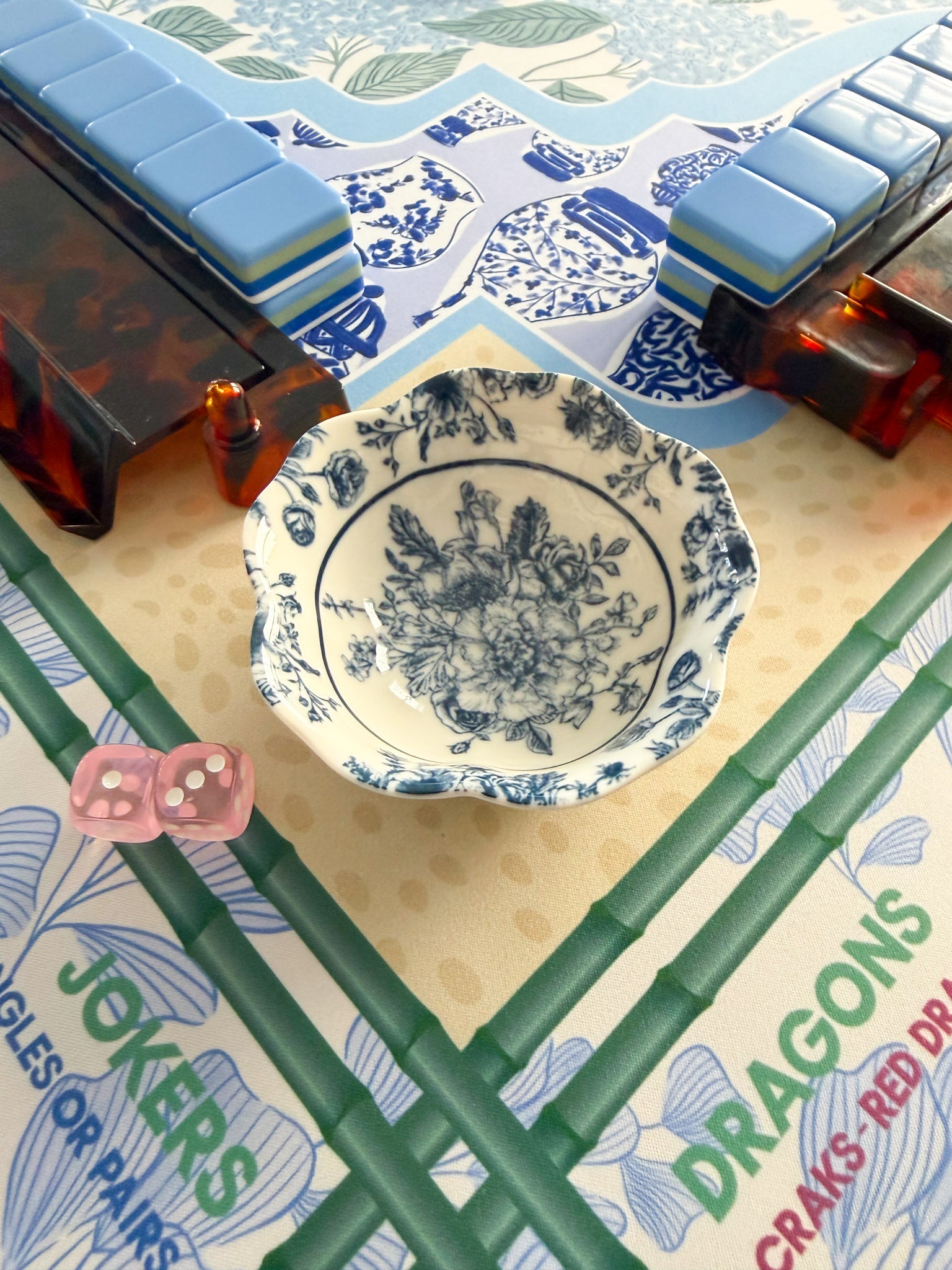 Chinoiserie Floral Mahjong Dice Dish Blue - The Pink Pineapple 850